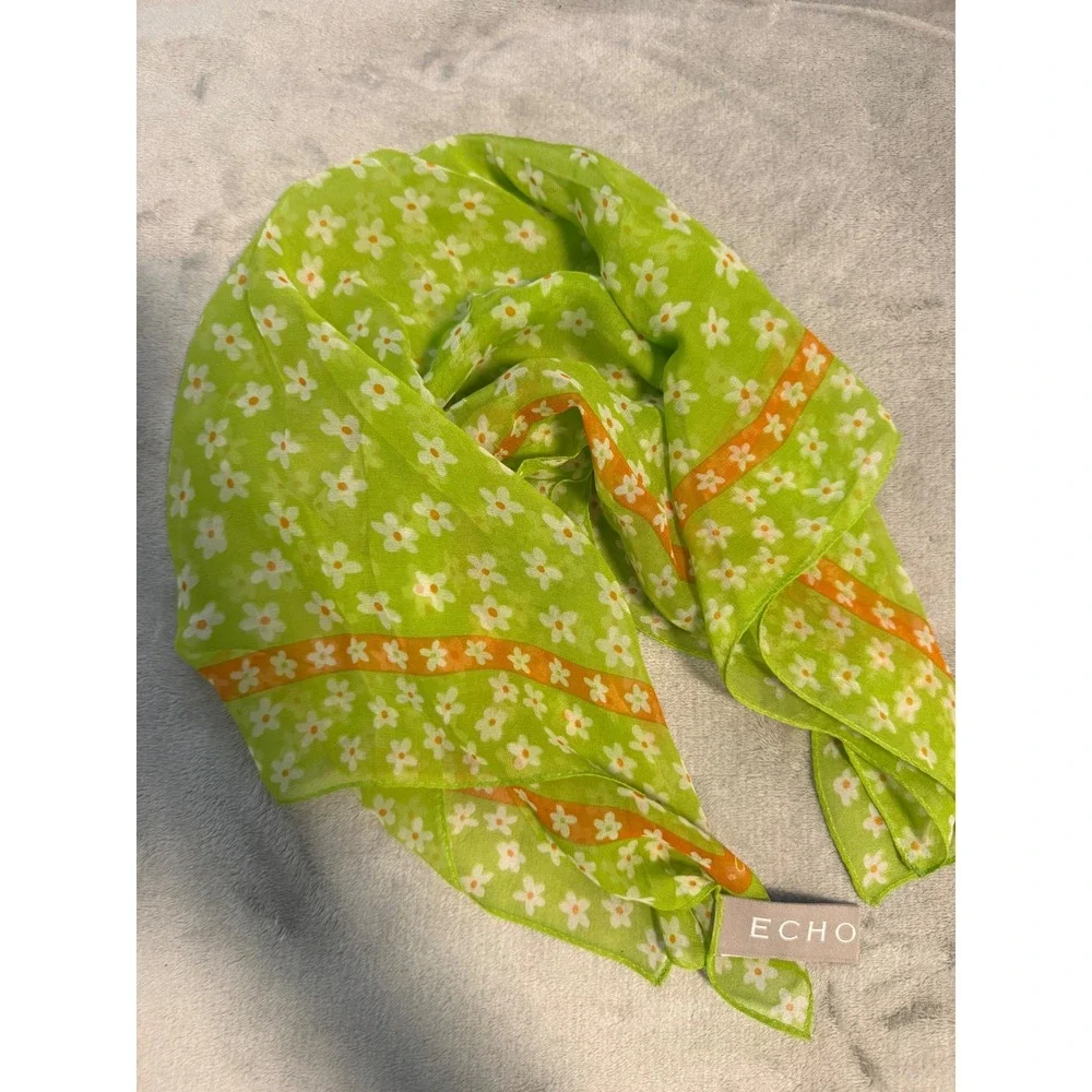 Echo Silk Scarf Floral Daisy Green Orange Sheer‎ Square Vintage 21